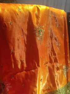shalu mango colour orenge green border and stone w