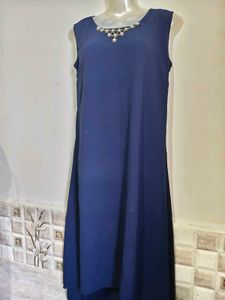 Elegant Navy Blue Gown with Embellished Neckline
