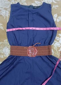 Navy Blue Sleeveless A-Line Dress with Belt