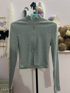 Grey Quarter Zip Long Sleeve Top(S)