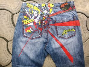 Stylish Blue Denim Jeans with Yellow Accents