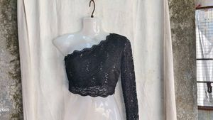 I. Sequin Lace One-Shoulder Crop Top