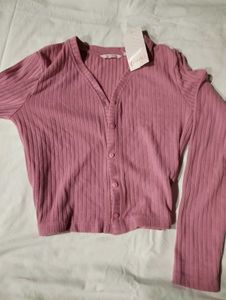Pink Ribbed Cropped Cardigan Long Sleeves