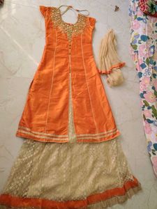 Orange Kurta Set with Mirror Work