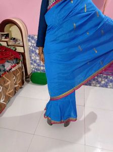 Vibrant Blue &amp; Pink Saree with Gold Motifs