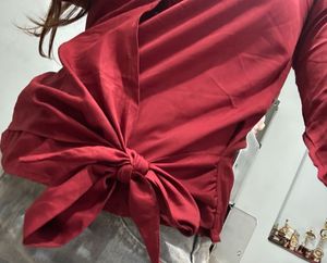 Maroon Tie-Front Satin Top