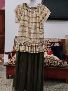 Olive Green Mesh Tiered Maxi Skirt | Free Size