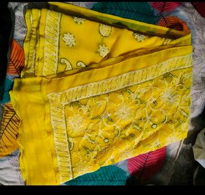 Elegant Yellow pure georgette chikankari Saree