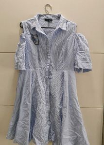 Madame Blue Striped Cold Shoulder Shirt Dress