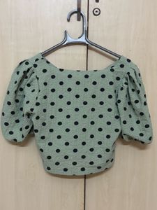 Mint Green Polka Dot Puff Sleeve Top