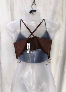 satin brown cowl neck top