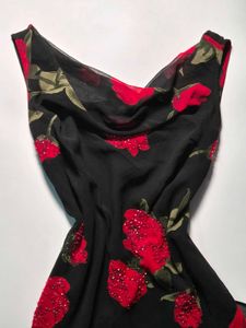 Eva Blue Y2K Beaded Black Rose Print Dress