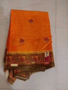 Vibrant Orange Printed Sareenew with tag
