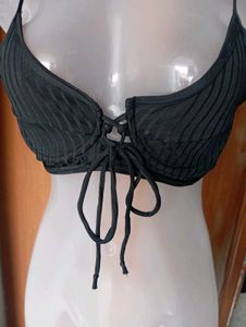 Black Ribbed Lace-Up Bikini Top