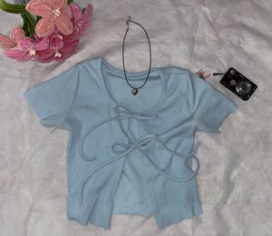 Baby Blue Tie-Front Bow Crop Top