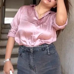 Women solid champagne peach opaque satin shirt