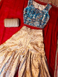 Designer blue and gold sharara set