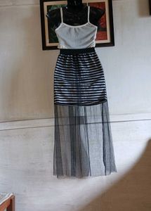 Chic Striped Maxi Skirt with Tulle Overlay