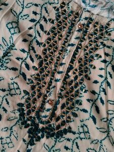Cream &amp; Green printed mirror work Floral Kurta .