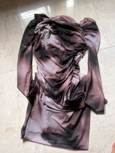 Ruched Tie-Dye Mesh Mini Dress