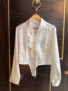 Elegant White Ruffled Satin Shirt
