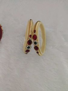 Exquisite Gold Bangles with Red & Green Stones