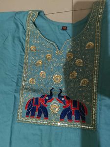 Turquoise Kurta with Elephant Embroidery