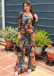 Abstract Floral Jumpsuit with Mesh Sleeves