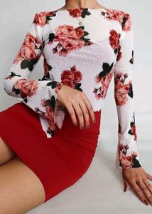 Diamond Lady Rose Mesh Top with Bell Sleeves