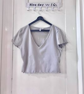 Grey Cropped V-Neck Top