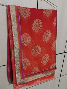 Red and pink Saree with Golden Floral Print