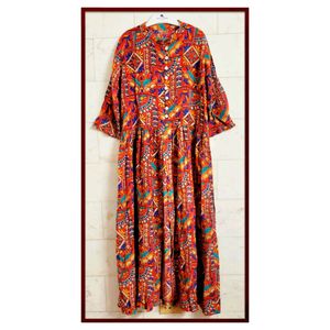 Long Slit Red Printed Tunic Top