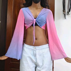 Ombre Bell Sleeve Tie Front Crop Top