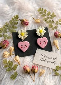Cute Pink Heart Daisy Dangle Earrings