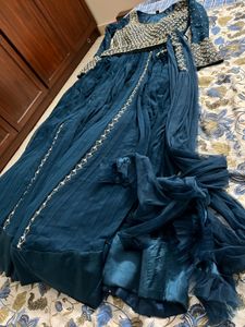Navy Blue Ethnic Gown, Gold/Pearl Embroidery