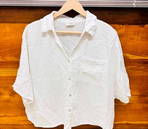 White Linen Blend Short Sleeve Shirt