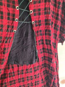 Red &amp; Black Plaid Lace-Up Top