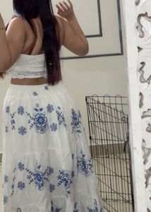 White &amp; Blue Floral Skirt with top set