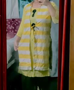Yellow &amp; White Striped Layered kurti/Shrug Set