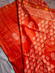 Vibrant Red Block Print Saree