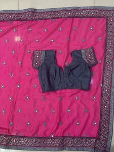 pink net mirror work sareee with blouse