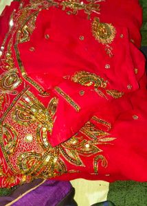 Stunning Red Embroidered  Saree with stitched bila
