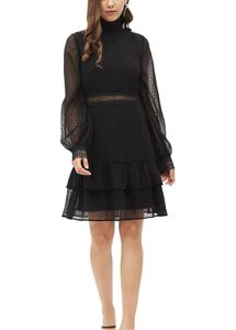 Chic Black Ruffled Sheer Sleeve Dress