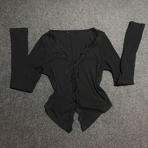Black Ribbed Lace Trim Cardigan