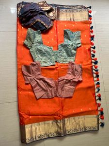 Vibrant Orange silk Saree with Blouse