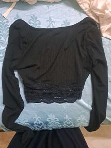 Black Ribbed Lace Crop Top