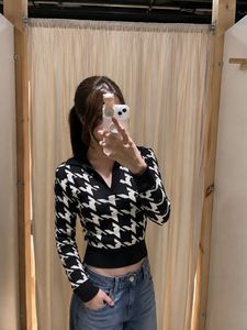 Houndstooth Knit Polo Crop Top