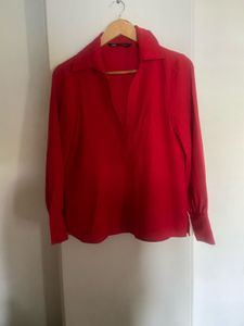 Zara Chic Red Collared Long Sleeve Top