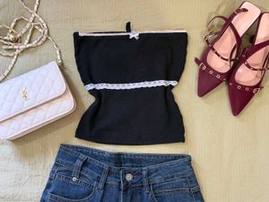 black with running lace trimmed tube top