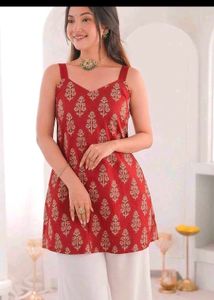 Red Printed Kurta with White Palazzo